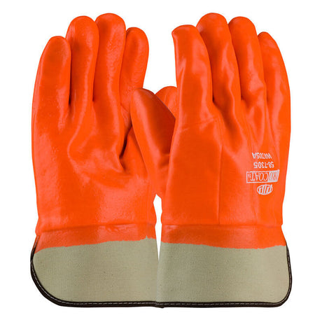 PIP ProCoat Premium PVC Gloves with Interlock/Jersey Liner 58-7305 feature a hi-vis orange design with a smooth, glossy PVC dipped finish. They have a beige wrist cuff for added protection and include text and symbols on the back, focusing on safety and durability.