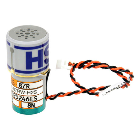 The RKI Eagle 2 Replacement H2S Sensor ES-87RW-H2S from PK Safety Supply is a compact cylindrical electronic component featuring wires and designed to replace H2S sensors. It is marked with "HS" and assorted alphanumeric codes. The red and black twisted wires end in a small white connector, making it perfect for detecting hydrogen sulfide.