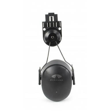 The Pyramex Safety Hard Hat Mounted Earmuffs CMFB6010 are black earmuffs featuring a mount for easy attachment to a hard hat, designed as essential safety equipment. They provide premium hearing protection with logo branding and include adjustable wires connected to the mount for optimal positioning.