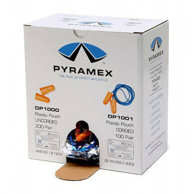 The box of Pyramex Safety disposable earplugs highlights two models: the DP1000 uncorded foam earplugs (200 pairs) and the Pyramex Disposable Corded Tapered Fit Earplugs DP1001 (100 pairs). The packaging is adorned with the Pyramex logo, offering a glimpse of orange earplugs through a handy opening.