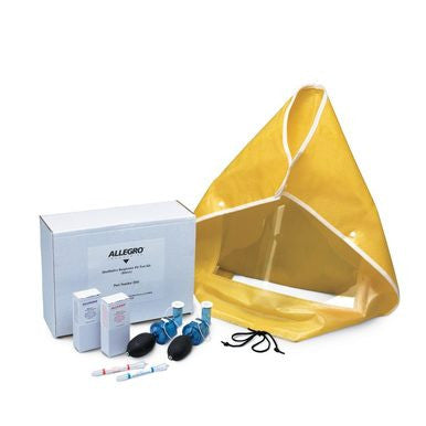 The Allegro Bitrex Respirator Fit Test Kit 2041, a NIOSH-approved product by Allegro, includes a yellow hood, a white box labeled "Allegro," blue nebulizers, testing solutions, and a white swab—ideal for ensuring the proper fit of respiratory protection equipment.