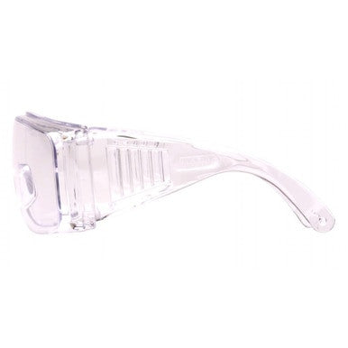 A side view of the Pyramex Solo Clear Lens Visitors Safety Glasses by Pyramex Safety is displayed against a white background. These glasses feature transparent lenses and frames, offering UV protection.