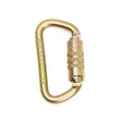 The Skylotec Little D 1/2 in. Gate Opening Steel Carabiner H-147, created by Skylotec, showcases a gold color with text engraved on its side. This lightweight carabiner features a secure locking mechanism and a smooth, rounded design, ensuring both reliability and style.