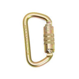 The Skylotec Little D 1/2 in. Gate Opening Steel Carabiner H-147, created by Skylotec, showcases a gold color with text engraved on its side. This lightweight carabiner features a secure locking mechanism and a smooth, rounded design, ensuring both reliability and style.