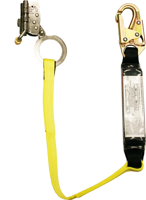 The French Creek Production Rope Grab with Shock-Absorbing Lanyard 1202AN-3 features a hook and loop design, with a yellow strap connecting a heavy-duty metal hook to a metal loop. Equipped with an integrated shock-absorbing mechanism and instructional label, it is specifically designed for fall protection in industrial settings.