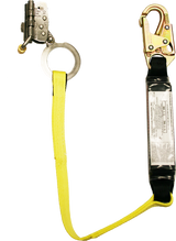 The French Creek Production Rope Grab with Shock-Absorbing Lanyard 1202AN-3 features a hook and loop design, with a yellow strap connecting a heavy-duty metal hook to a metal loop. Equipped with an integrated shock-absorbing mechanism and instructional label, it is specifically designed for fall protection in industrial settings.