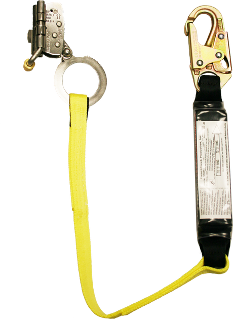 The French Creek Production Rope Grab with Shock-Absorbing Lanyard 1202AN-3 features a hook and loop design, with a yellow strap connecting a heavy-duty metal hook to a metal loop. Equipped with an integrated shock-absorbing mechanism and instructional label, it is specifically designed for fall protection in industrial settings.