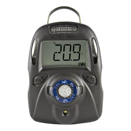 A mPower Electronics UNI MP100 O2 (Inverted Alarms) Single Gas Detector M001-0093-000, from the brand mPower Electronics, is a black handheld digital device showing "20.9" on the screen. It includes buttons and a dial on the front and a metal clip at the top for easy attachment, ensuring intrinsic safety during use.