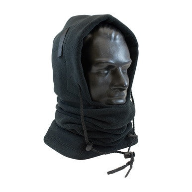 Displayed on a black mannequin head, the PIP 3-In-1 Polyester Fleece Liner with Drawstring 364-1170 from Protective Industrial Products is a dark hooded balaclava designed for optimal warmth as a winter liner for cold weather work. Its adjustable drawstrings provide a snug fit, covering both the neck and part of the face to highlight its effective design.