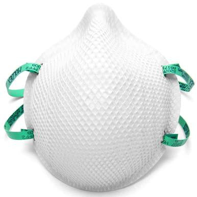 This Moldex 2207 N95 mask, featuring a white textured surface with a diamond-patterned design for enhanced durability and structure, comes with two green elastic straps. It is specifically designed to cover the nose and mouth, providing dependable protection against dust and particles.