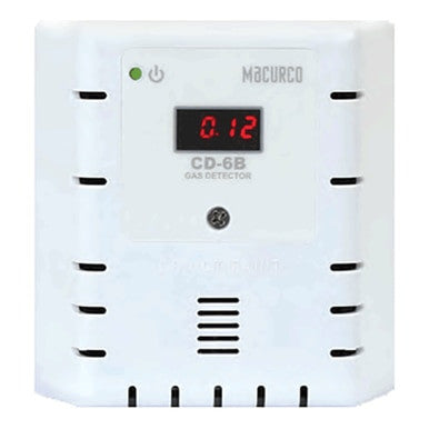 A Macurco CO2 Fixed Gas Detector, labeled as "CD-6B," is wall-mounted and features a digital screen displaying "0.12." This efficient Carbon Dioxide detection system includes ventilation slits on the sides for optimal monitoring.