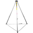 The Protecta 8 ft. Confined Space Tripod AK105A by 3M DBI-SALA Fall Protection is silver with three legs and is designed for confined space retrieval. It includes a chain that connects the legs at the bottom, as well as a metal attachment point on top. The adjustable-height legs are marked with black and yellow striped safety labels for added convenience and visibility.