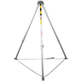 The Protecta 8 ft. Confined Space Tripod AK105A by 3M DBI-SALA Fall Protection is silver with three legs and is designed for confined space retrieval. It includes a chain that connects the legs at the bottom, as well as a metal attachment point on top. The adjustable-height legs are marked with black and yellow striped safety labels for added convenience and visibility.