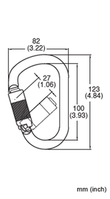 A technical diagram of the French Creek Steel Twist-Lock Carabiner 354-4 from French Creek Production showcases a zinc-plated alloy steel design. The length is 123 mm (4.84 inches), the width at the widest part is 82 mm (3.22 inches), and the width near the locking mechanism is 27 mm (1.06 inches). It is perfect for fall protection needs.