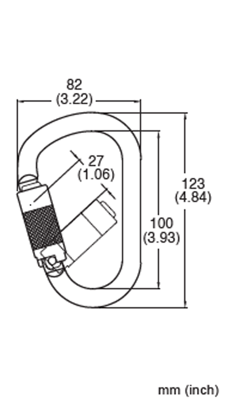 A technical diagram of the French Creek Steel Twist-Lock Carabiner 354-4 from French Creek Production showcases a zinc-plated alloy steel design. The length is 123 mm (4.84 inches), the width at the widest part is 82 mm (3.22 inches), and the width near the locking mechanism is 27 mm (1.06 inches). It is perfect for fall protection needs.