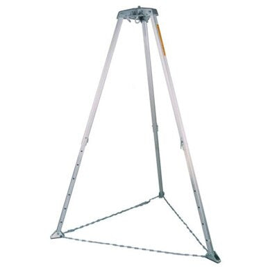 A Miller 7 ft. Aluminum Confined Space Tripod 51/7FT, featuring adjustable legs and a flat top, is showcased against a plain white background. Made by Miller Fall Protection, the tripod looks robust and is ideal for industrial or professional applications, particularly in confined spaces where fall protection is crucial.