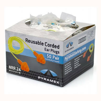 This box of Pyramex RP3001 Series Reusable Corded Earplugs by Pyramex Safety includes 50 pairs with flexible rubber flanges and a yellow cord. Each earplug provides an NRR of 24dB for excellent noise reduction, while the box prominently displays product details and the Pyramex Safety logo.