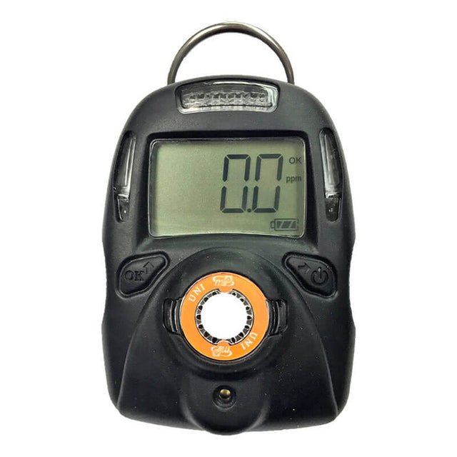 The mPower Electronics UNI MP100 ETO Single Gas Detector (model M001-0069-000) is a black device featuring a digital display that shows "0.0 ppm" and battery status. It has operational buttons and a circular sensor area with instructional markings, providing intrinsic safety for efficient monitoring of ethylene oxide gas levels.