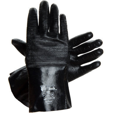 The MCR Memphis Black Jack Neoprene Glove 6932 from MCR Safety is presented, with one glove shown palm up and the other palm down. These gloves feature a glossy texture with protective symbols printed on the wrist area, offering a perfect blend of style and security.