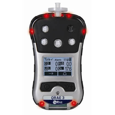 The RAE Systems PGM-2500 QRAE 3 Wireless Pumped Multi-Gas Monitor M020-11211-111 includes a digital screen displaying gas readings, highlighted by red LED lights. This monitor is perfect for confined space safety and features multiple buttons and sensors on the front panel for easy operation.