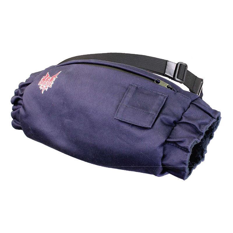 The NSA DRIFIRE FR Heated Hand Warmer, in navy blue, features an adjustable strap and buckle with G-Tech heat technology. It includes a small pocket on the front, a red and white logo, and elastic sides for added flexibility. Crafted from durable fabric, it's built for adventure while offering warmth on chilly days.