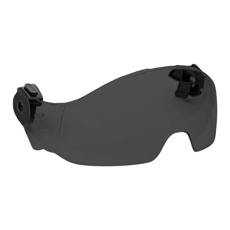 A dark tinted motorcycle helmet visor with a streamlined design, equipped with a quick connect system for easy installation. This visor features a sleek, aerodynamic shape that reduces glare and enhances visibility while riding, similar to the precision offered by PIP - Protective Industrial Products' Traverse Safety Eyewear 251-HP1491_.