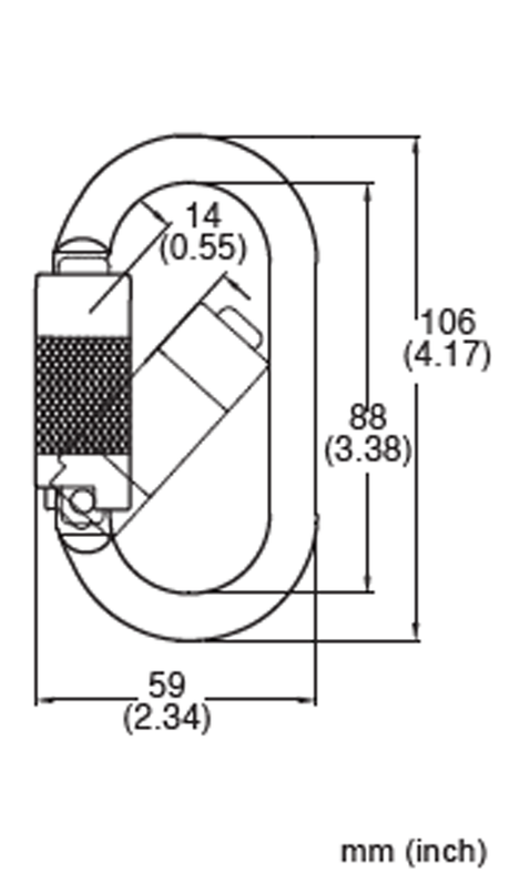 Blueprint of the French Creek Steel Twist-Lock Carabiner S354-6TL by French Creek Production, showcasing dimensions in both millimeters and inches. Key measurements are a width of 59 mm (2.34 inches), a height of 106 mm (4.17 inches), and a specific component size of 14 mm (0.55 inches), perfectly designed for fall protection purposes.