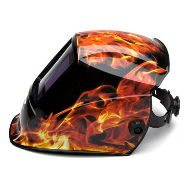 The LEADHEAD Auto Darkening Helmet - Flame WHAM3030FL by Pyramex Safety showcases a vivid flame design set against a black backdrop. This helmet includes an adjustable head strap and a large viewing area, providing flame-resistant protection during welding tasks.