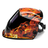 The LEADHEAD Auto Darkening Helmet - Flame WHAM3030FL by Pyramex Safety showcases a vivid flame design set against a black backdrop. This helmet includes an adjustable head strap and a large viewing area, providing flame-resistant protection during welding tasks.