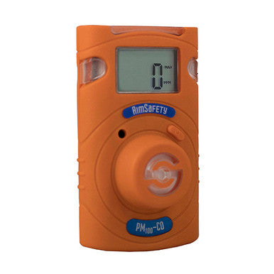 The AimSafety CO Single Gas Monitor PM100-CO is an orange handheld device featuring a digital display that shows "0 PPM." With its central circular sensor, this monitor offers precise gas detection.