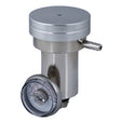 The Intermountain Specialty Gases Demand Flow Regulator, made by Intermountain Specialty Gases, is a silver device featuring a cylindrical body and round dial face. It includes a protruding nozzle on the side and is constructed from nickel-plated brass, specifically designed for measuring pressure in various applications.