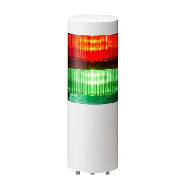 The RKI Instruments Patlite LR7-202WJNW-RG stack light operates at 24 VDC and features an IP65 rating. This cylindrical LED tower light is essential to RKI Fixed Systems with its stack light design, showcasing red and green indicators. Mounted on a white base, it effectively communicates status or alerts with the top red and lower green lights.