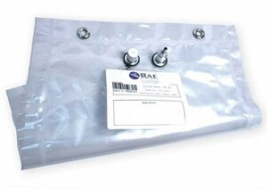 The RAE Systems Tedlar Bag 500-003-000, manufactured by RAE Systems, is a clear plastic medical bag equipped with three metal ports and a white label displaying text and a barcode. Perfect for medical applications, this bag also serves well in collecting air samples or gas detection, similar to Tedlar bags. The product is presented against a plain white background.