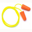 A pair of Pyramex Safety DP1001 disposable corded earplugs with a tapered fit, featuring bright orange foam connected by a vivid yellow cord, coiled neatly in a loop.