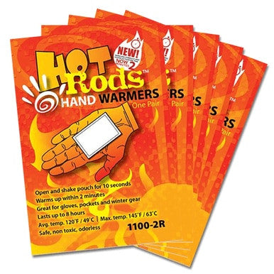 Four vibrant orange packs of Occunomix Hot Rods Hand Warmers (1100-10R) are ideal for winter gear, featuring a glove and sun illustration. The packaging highlights features such as "activates and warms in 10 seconds," provides heat for up to 8 hours, and reaches a maximum temperature of 145°F/63°C.