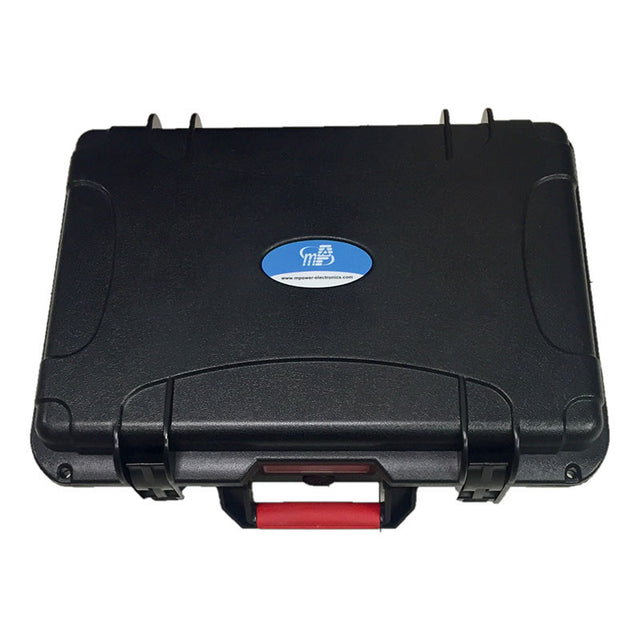 The mPower NEO MP18X Hard Case with Foam M011-3020-000 by mPower Electronics is a black hard-shell carrying case that features a sturdy design, complete with a red handle and a blue oval logo on top. It's ideal for safely storing your gas detector, as its secure clasps provide durability and excellent protection for its contents.