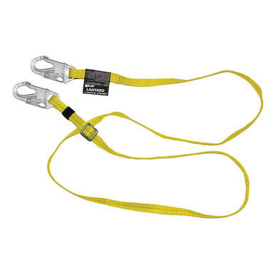 Introducing the Miller 6 ft. Adjustable Web Positioning Lanyard 210WLS-Z7/6FTYL by Miller Fall Protection, featuring a durable yellow nylon webbing with two metal snap hooks and a black label in the center. Designed for construction and industrial settings, this lanyard lies flat with adjustable loops to ensure optimal fall protection.