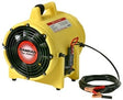 The Euramco RamFan UB20-12V Blower Only is a yellow portable fan with a handle and a circular black grille, perfect for confined space ventilation. It comes with a coiled cable and red and black alligator clips.