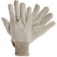 A pair of MCR Safety Cotton Canvas Work Gloves 8100C, crafted from beige cotton canvas, features a textured fabric and ribbed cuffs. These general-purpose gloves are displayed with one positioned on top of the other, highlighting both the front and back sides.