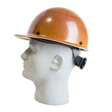 A side view of a mannequin head showcasing the MSA Skullgard Hard Cap in Natural Tan 475395, which features a glossy finish and equipped with Fas-Trac suspension and an adjustable strap. The helmet includes a wide brim for enhanced protection against radiant heat loads.