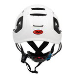 The PIP EVO ALTA Ascend Type II Vented Helmet 280-EVOALTV by Protective Industrial Products comes in white with black accents and features the "JSP" logo on the front. It includes adjustable straps, ventilation slots, and is designed to provide impact protection and head safety.