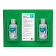 The Aero Healthcare SUREFILL Emergency Eyewash Station 16oz, available in green, includes two bottles of sterile buffered eye rinse and complies with ANSI Z358.1-2014 standards. A white instruction label is conveniently placed between the securely fastened bottles on the station.