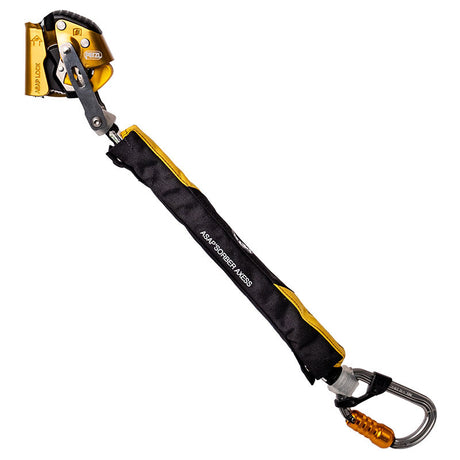 The Petzl ASAP LOCK AXESS Kit K097AA02 is a yellow and black climbing ascender with a black protective sleeve, featuring the label "ASAP'SORBER AXESS." It is designed for fall protection in climbing and rope access activities. The kit includes an orange-lock carabiner and complies with the ANSI Z359.15 standard as a reliable mobile fall arrester.