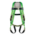 Introducing the Miller DuraFlex Python Ultra Harness P950QC/UGN by Miller Fall Protection—a green and black safety harness designed to enhance comfort with its DuraFlex webbing. This personal safety harness is equipped with adjustable quick-connect chest and leg straps featuring metal buckles. It is displayed flat on a white background to clearly showcase its features.