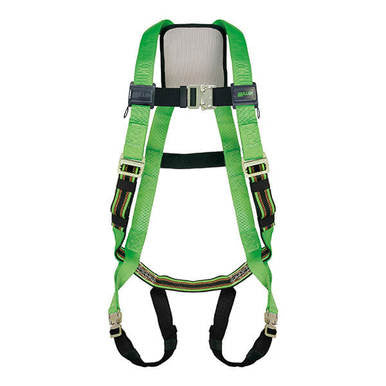 Introducing the Miller DuraFlex Python Ultra Harness P950QC/UGN by Miller Fall Protection—a green and black safety harness designed to enhance comfort with its DuraFlex webbing. This personal safety harness is equipped with adjustable quick-connect chest and leg straps featuring metal buckles. It is displayed flat on a white background to clearly showcase its features.