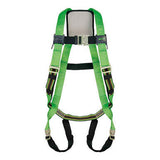 Introducing the Miller DuraFlex Python Ultra Harness P950QC/UGN by Miller Fall Protection—a green and black safety harness designed to enhance comfort with its DuraFlex webbing. This personal safety harness is equipped with adjustable quick-connect chest and leg straps featuring metal buckles. It is displayed flat on a white background to clearly showcase its features.