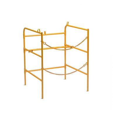 The Allegro Easy Store Steel Manhole Guard Rail, 9401, from PK Safety Supply is a safety yellow metal cage featuring four vertical bars and horizontal chains. It provides ideal protection around machinery or equipment by offering a secure solution that combines high visibility with robust safety measures.