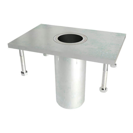 The French Creek Production Floor Mount Cast-in-Place Davit Base PD6 is a metallic steel plate with a central cylindrical pipe. It includes four adjustable mounting screws and features a flat, shiny finish, making it ideal for new concrete construction projects.