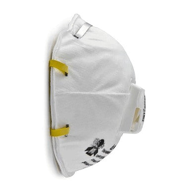 A white, dome-shaped 3M N95 Disposable Respirator with yellow straps and a CoolFlow Exhalation Valve on the side is shown. The mask includes a small black logo and text on its surface, highlighting its effective design as a high-quality disposable respirator from 3M.