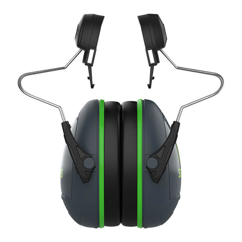 The PIP Sonis1 Full Brim Mounted Passive Ear Muff 262-AEB010-FB from PIP - Protective Industrial Products exhibits a front-view green and black design. It features metal wires that connect the ear cups to the headband, offering noise reduction with an NRR of 22 for enhanced protection.